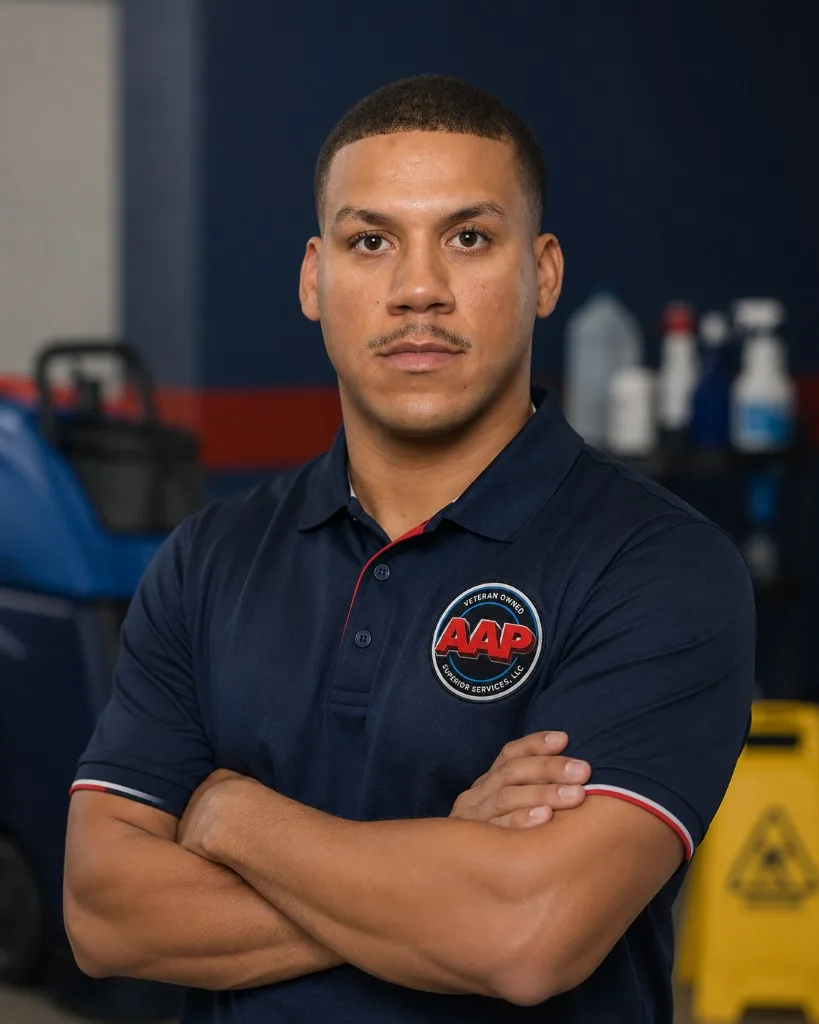 AAP Superior Services founder in a branded navy polo, standing in front of professional cleaning equipment
