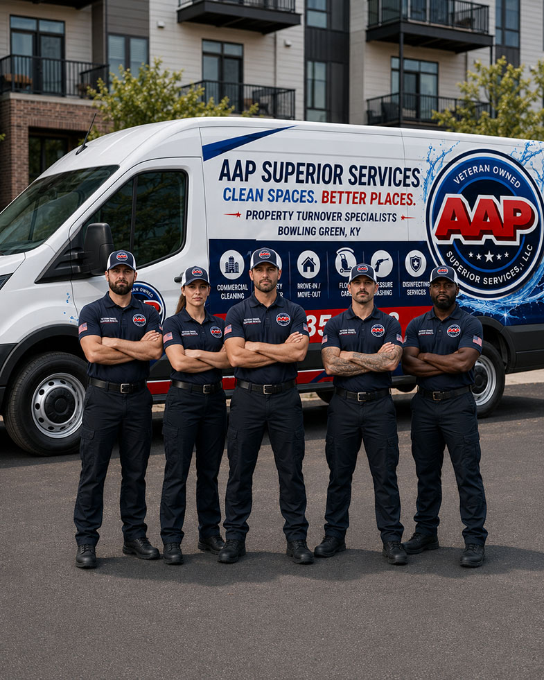 AAP Superior Services uniformed team standing in front of the wrapped service van in Bowling Green, KY