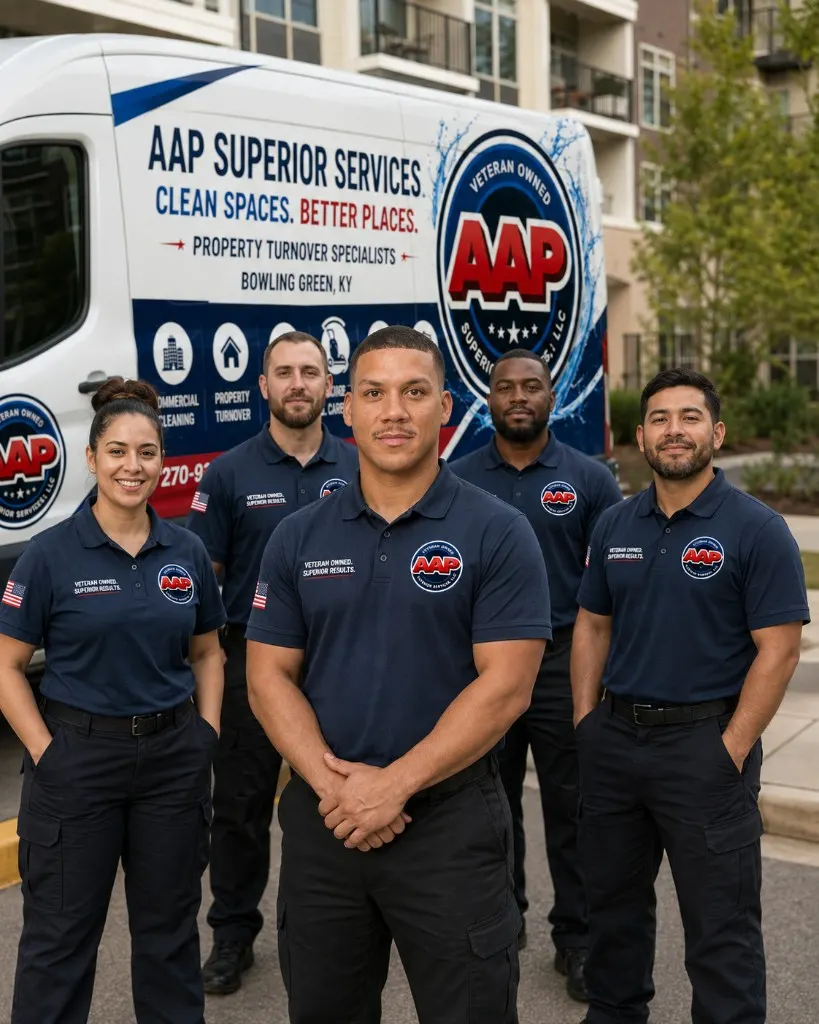 AAP Superior Services uniformed team standing in front of the wrapped service van in Bowling Green, KY